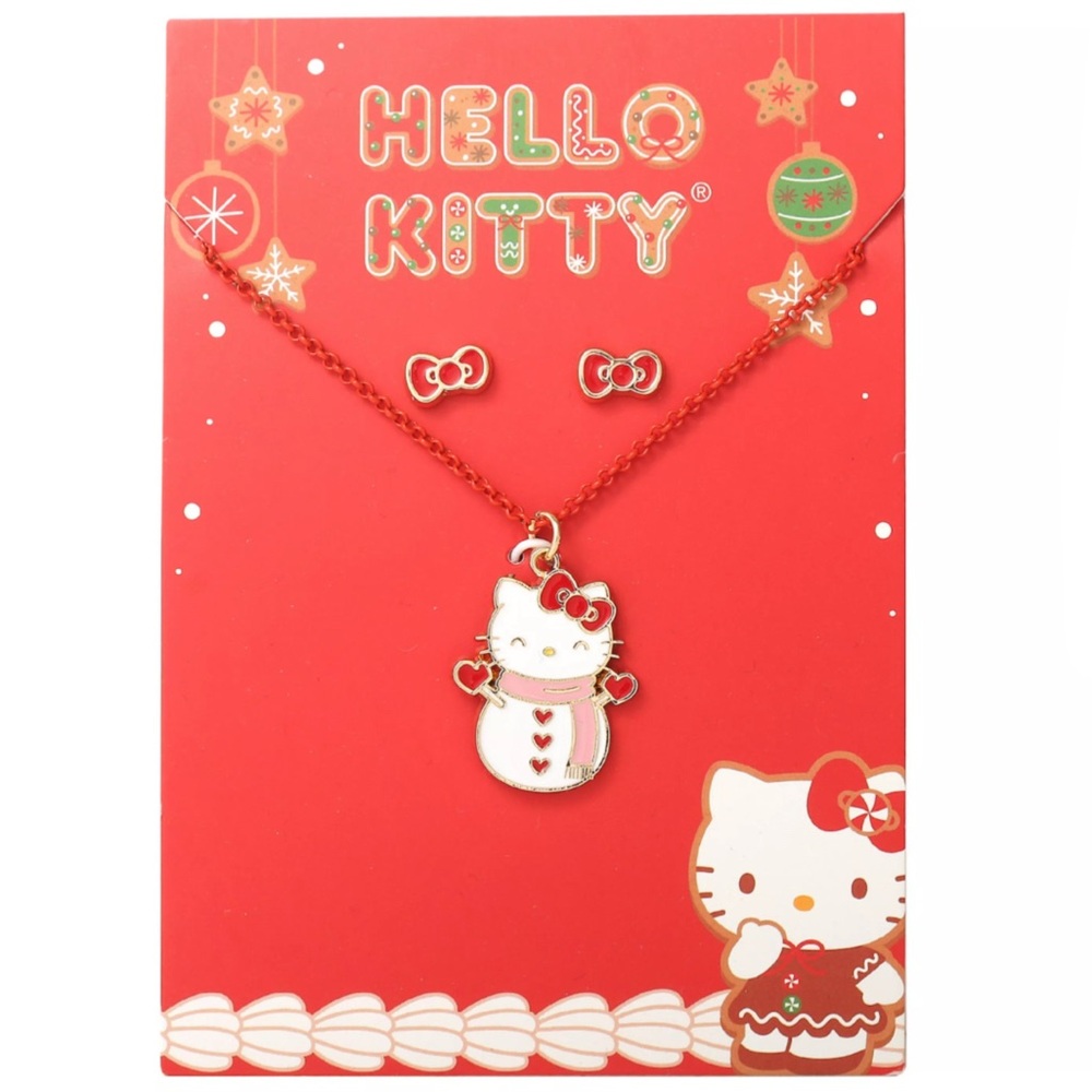 Hello Kitty Sanrio Christmas Snowman Necklace and Red Bows Earring SeT NWTS